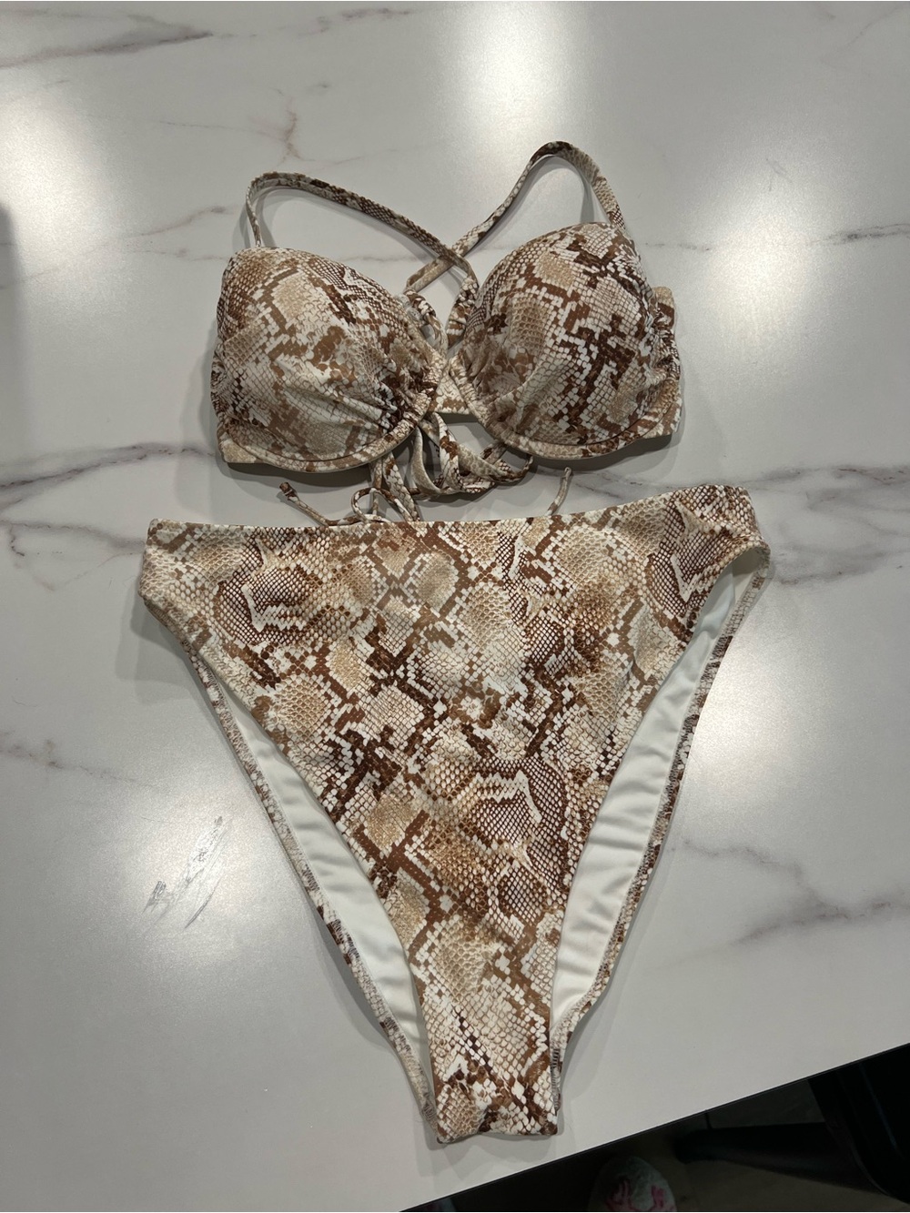 Snake Print Brown High-Waist Two Piece Swim Set